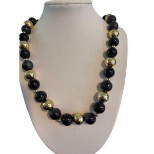 Vintage Acrylic Bead Necklace Black Gray Gold Tone Classic 22" Estate 47.99g